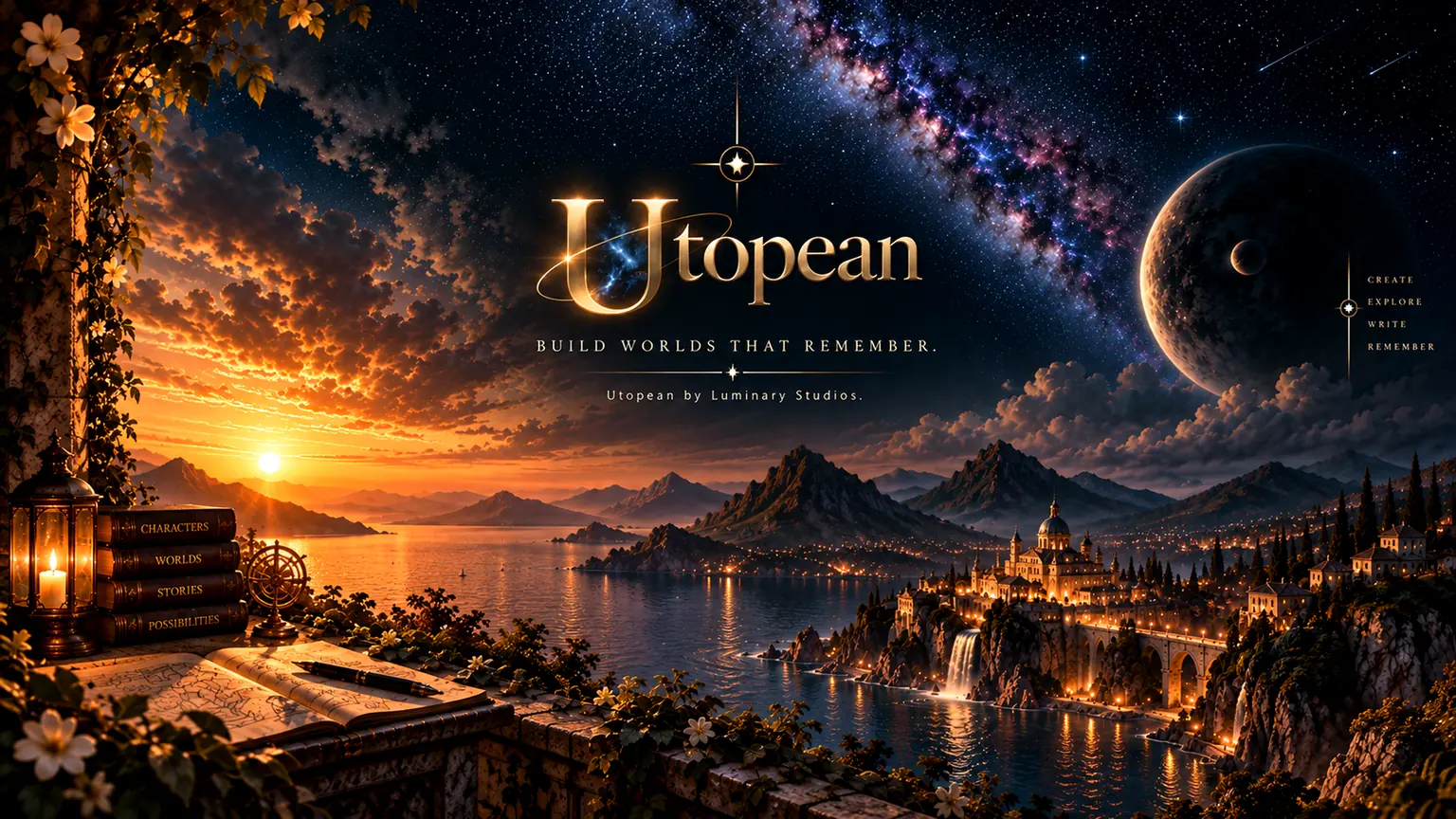 Utopean key art by Blake: a twilight balcony with a lantern, books labelled Characters, Worlds, Stories and Possibilities, and an open map, overlooking a glowing city and waterfall by the sea under the Milky Way and a large moon. Text reads: Utopean. Build worlds that remember. Utopean by Luminary Studios. Create, explore, write, remember.