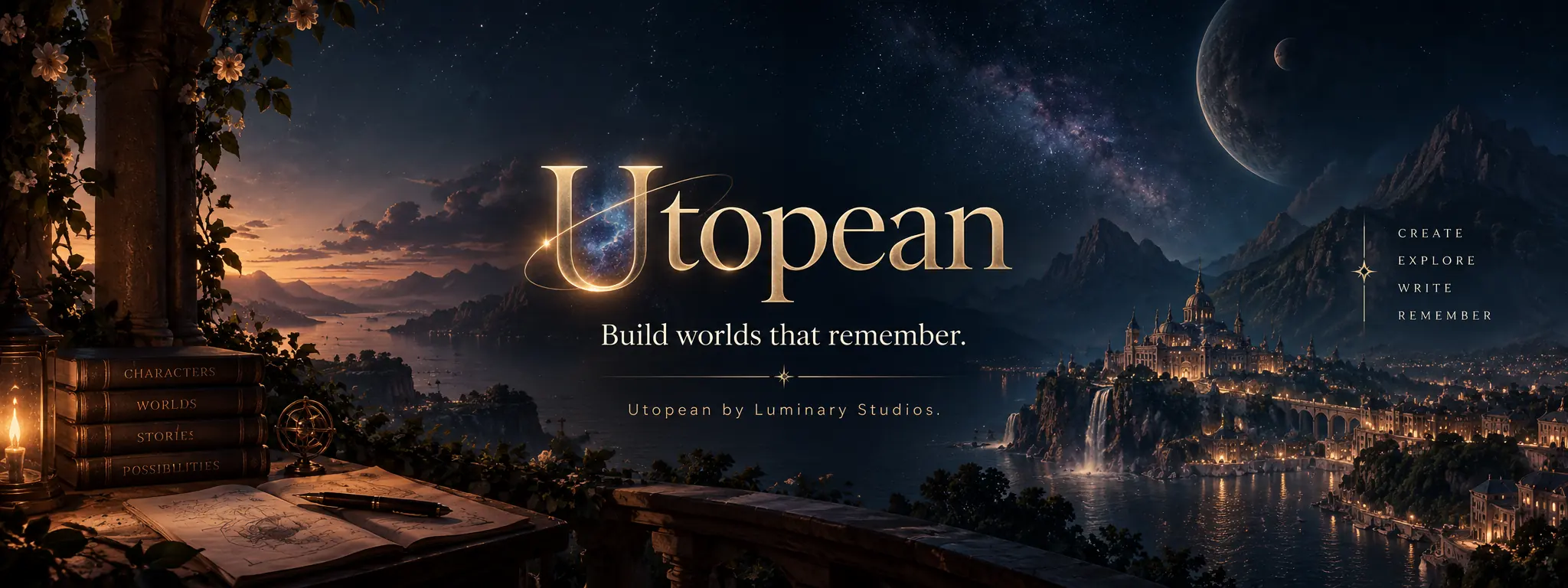 Utopean key art by Blake. A twilight balcony with a lantern, books labelled Characters, Worlds, Stories and Possibilities, an open map and a pen, looking out over a glowing city and waterfall by the sea under the Milky Way and a large moon. Text reads: Utopean. Build worlds that remember. Utopean by Luminary Studios. Create, explore, write, remember.